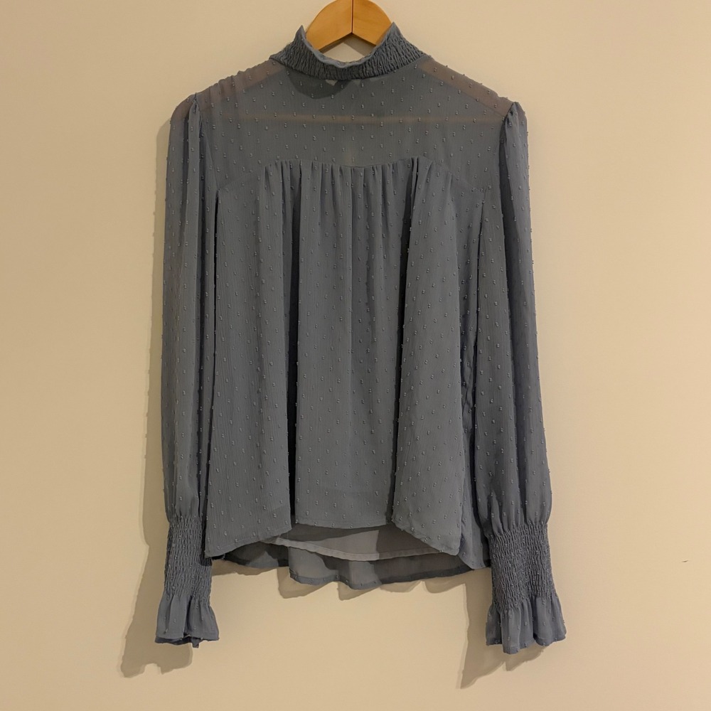 Lush Dusty Blue Swiss Dot Smocked Mock Neck Blouse Long Sleeve Size S